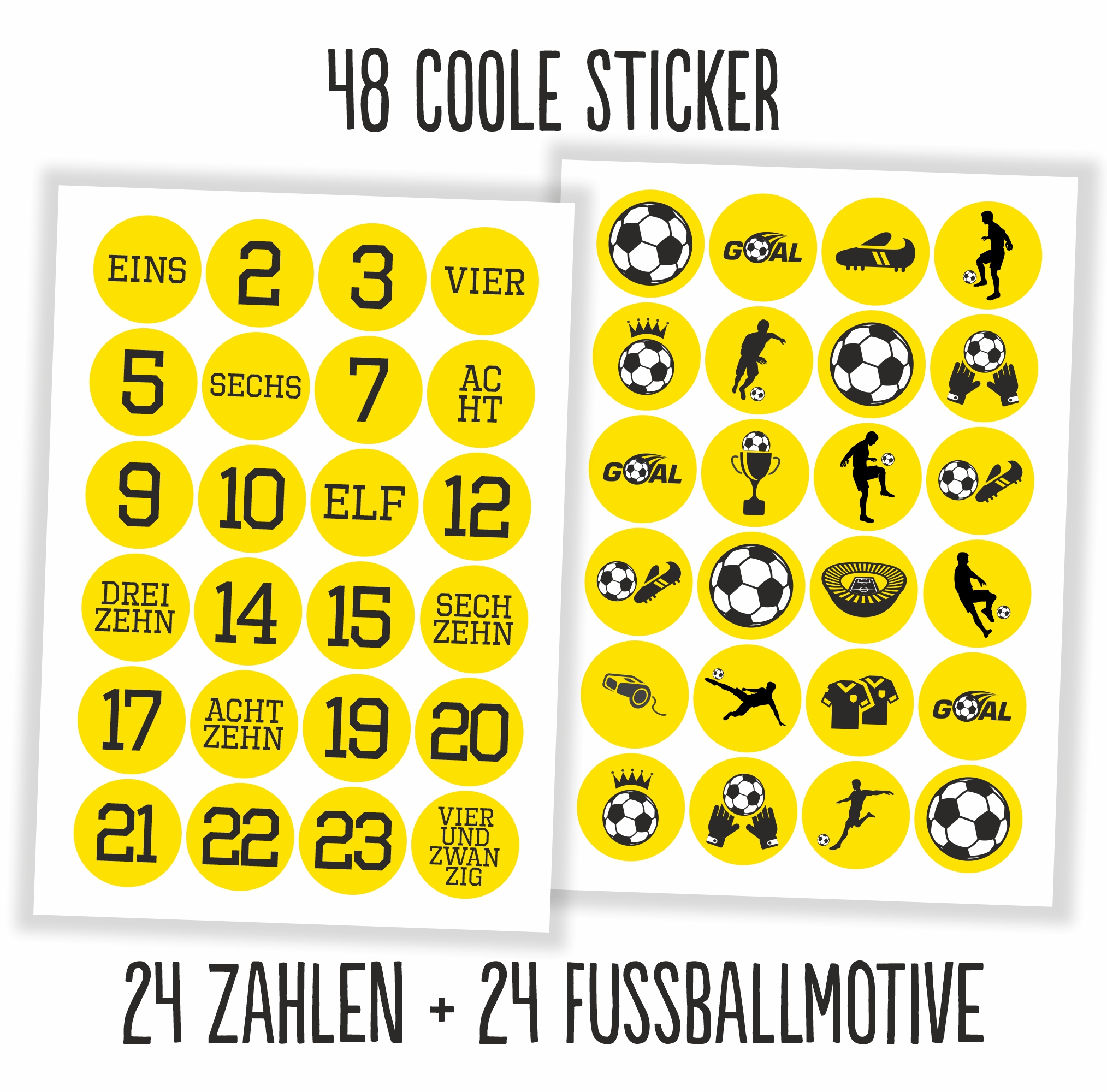 Adventskalender Aufkleber Fußball - 48 Sticker mit 24 Tüten zum selbst Befüllen - gelb/schwarz