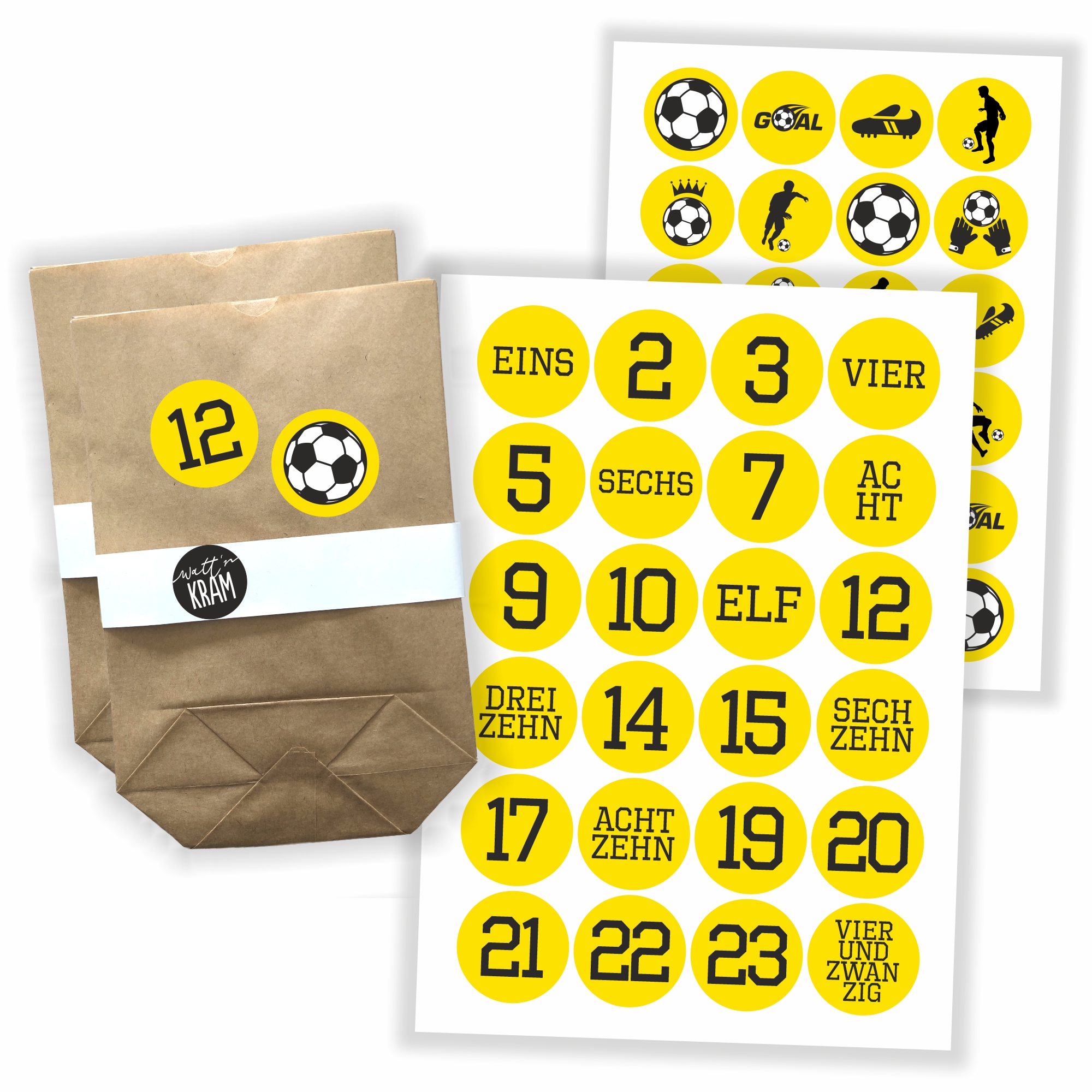 Adventskalender Aufkleber Fußball - 48 Sticker mit 24 Tüten zum selbst Befüllen - gelb/schwarz
